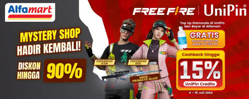 Mystery Shop Diskon Hingga 90% - Top Up Diamonds FF dan Bayar di Alfamart, Gratis Pocari Sweat + Cashback hingga 15%